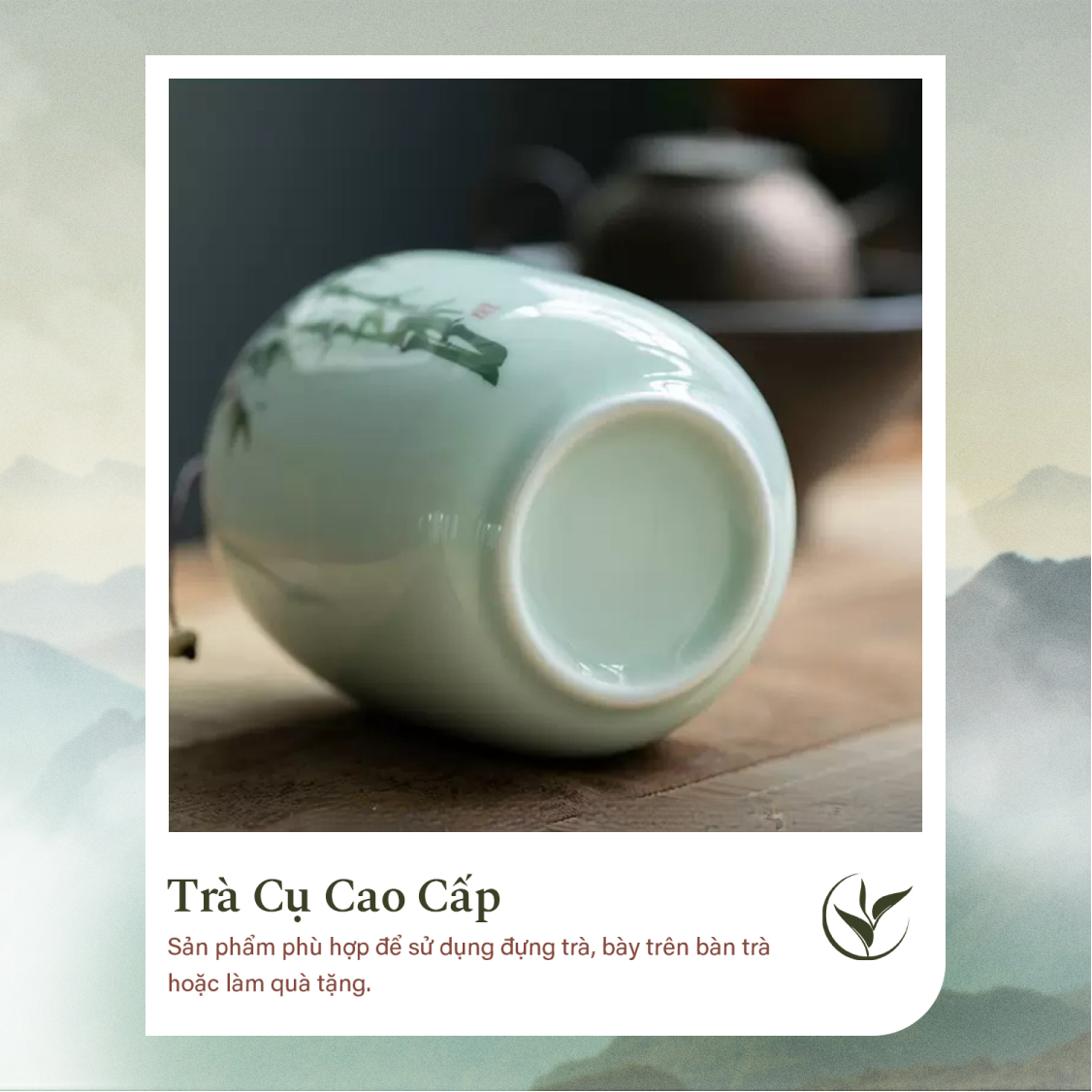 Set 2 lọ đựng trà men xanh họa tiết trúc đoạn