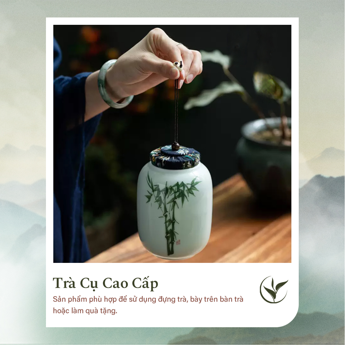 Set 2 lọ đựng trà men xanh họa tiết trúc đoạn