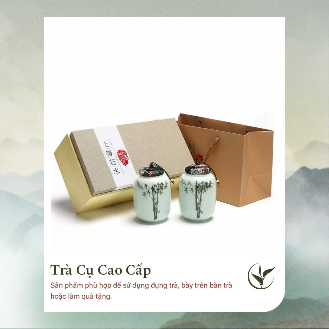 Set 2 lọ đựng trà men xanh họa tiết trúc đoạn