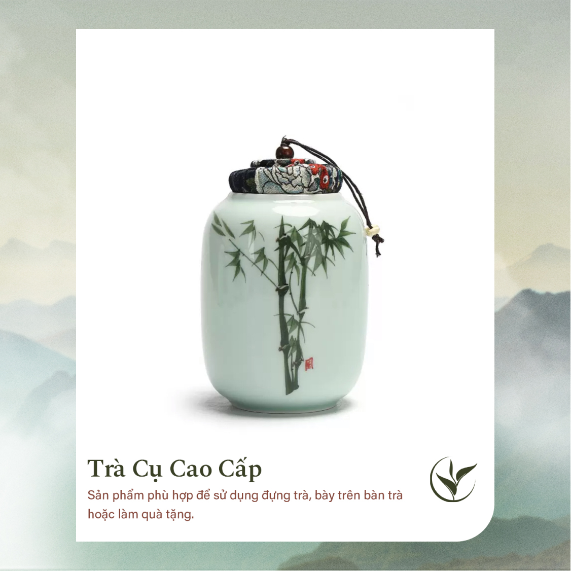 Set 2 lọ đựng trà men xanh họa tiết trúc đoạn
