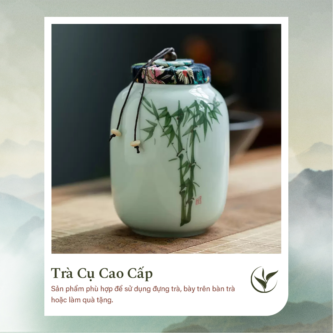 Set 2 lọ đựng trà men xanh họa tiết trúc đoạn