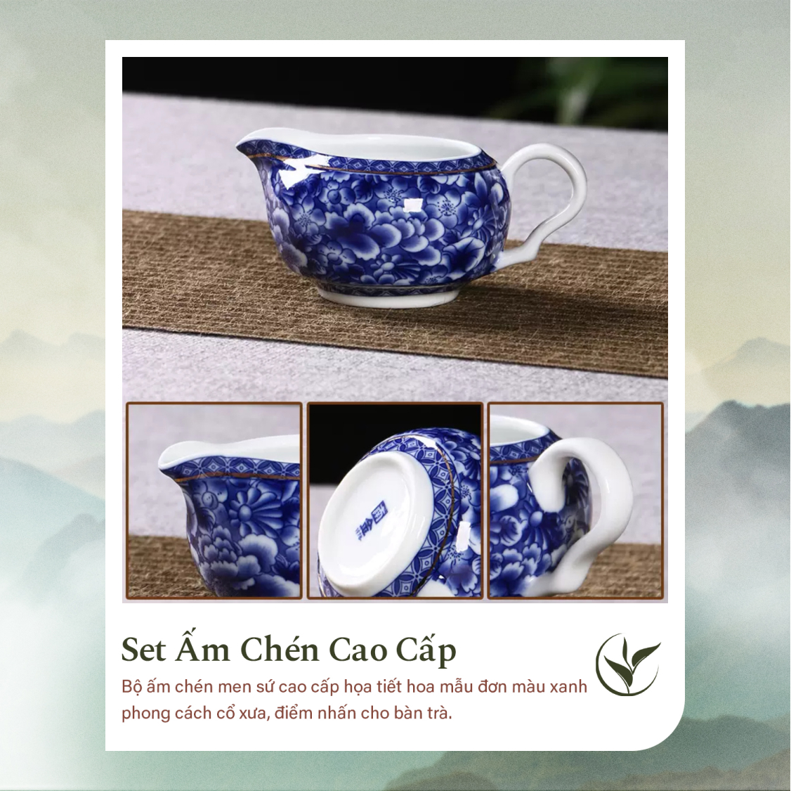 Set ấm chén pha trà sứ men xanh họa tiết mẫu đơn 10 món (Hộp quà tặng)