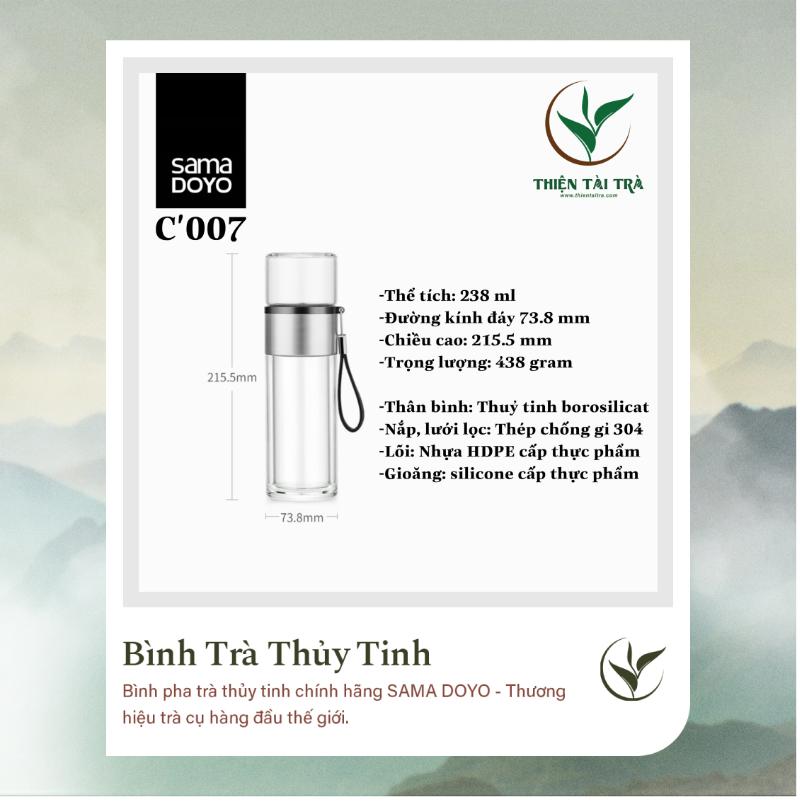 Bình Pha Trà Cá Nhân SAMADOYO-Thép Bạc C-007 (238ml)