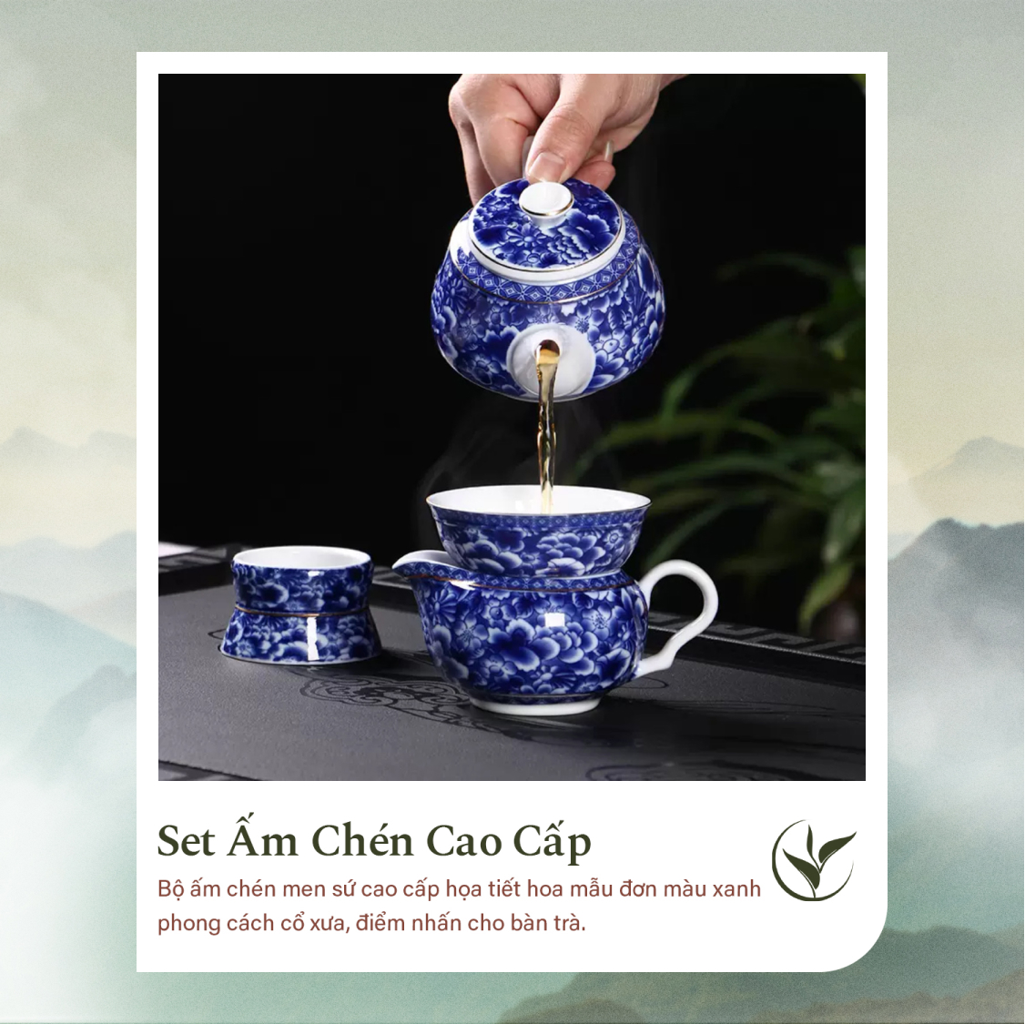 Set ấm chén pha trà sứ men xanh họa tiết mẫu đơn 10 món (Hộp quà tặng)