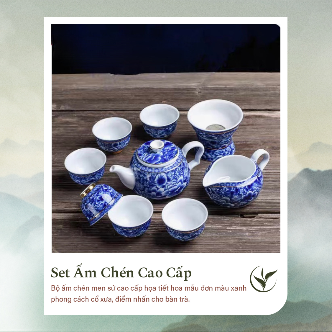Set ấm chén pha trà sứ men xanh họa tiết mẫu đơn 10 món (Hộp quà tặng)