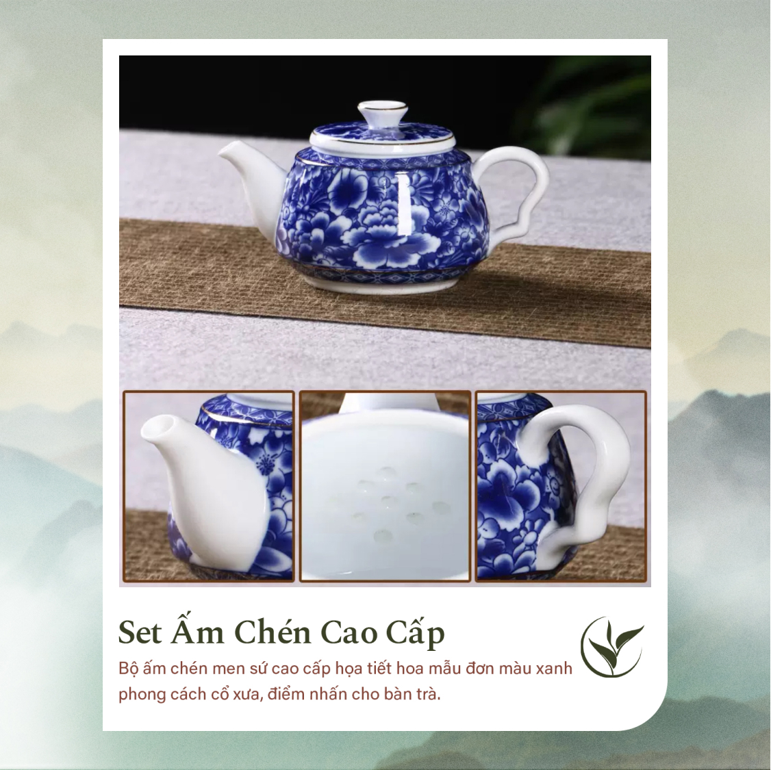 Set ấm chén pha trà sứ men xanh họa tiết mẫu đơn 10 món (Hộp quà tặng)