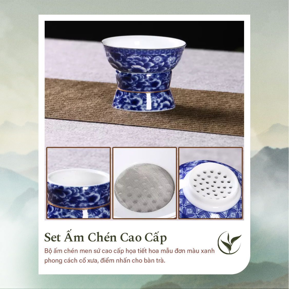 Set ấm chén pha trà sứ men xanh họa tiết mẫu đơn 16 món (Hộp quà tặng)