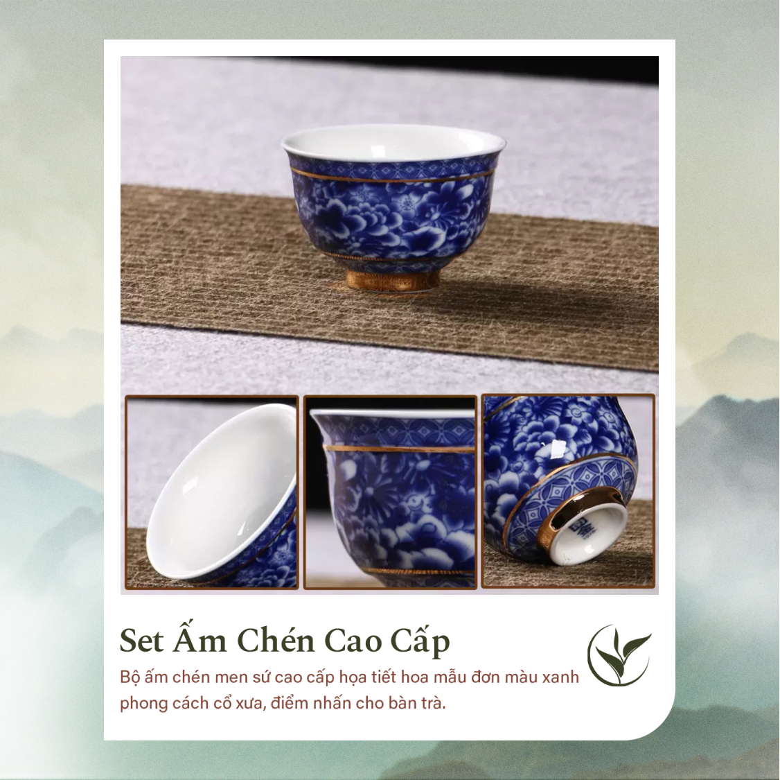 Set ấm chén pha trà sứ men xanh họa tiết mẫu đơn 16 món (Hộp quà tặng)