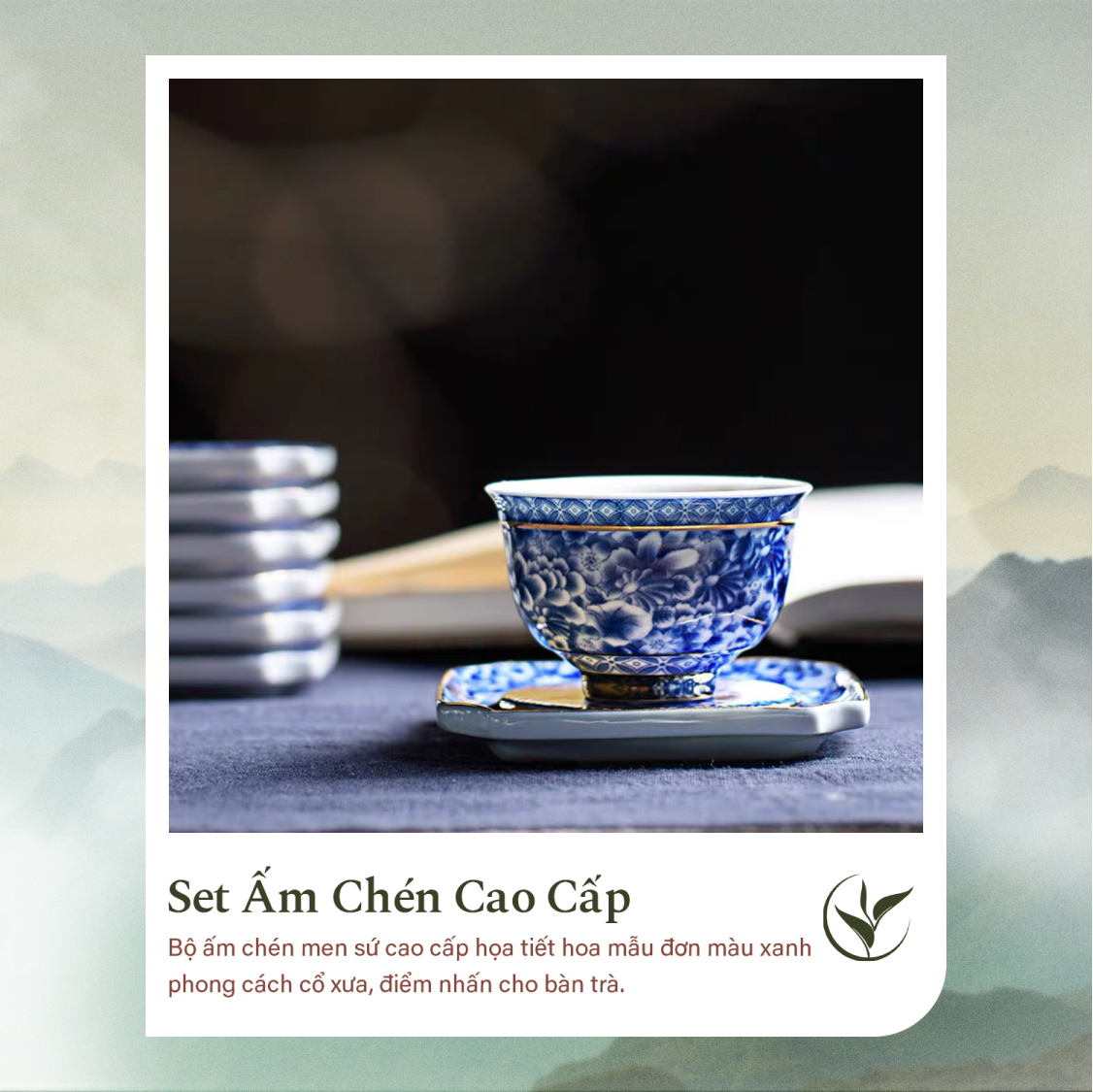 Set ấm chén pha trà sứ men xanh họa tiết mẫu đơn 16 món (Hộp quà tặng)