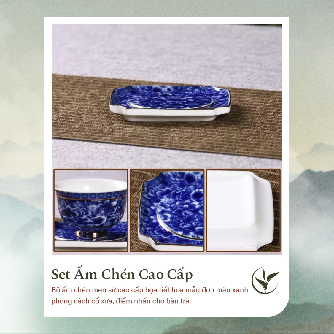 Set ấm chén pha trà sứ men xanh họa tiết mẫu đơn 16 món (Hộp quà tặng)