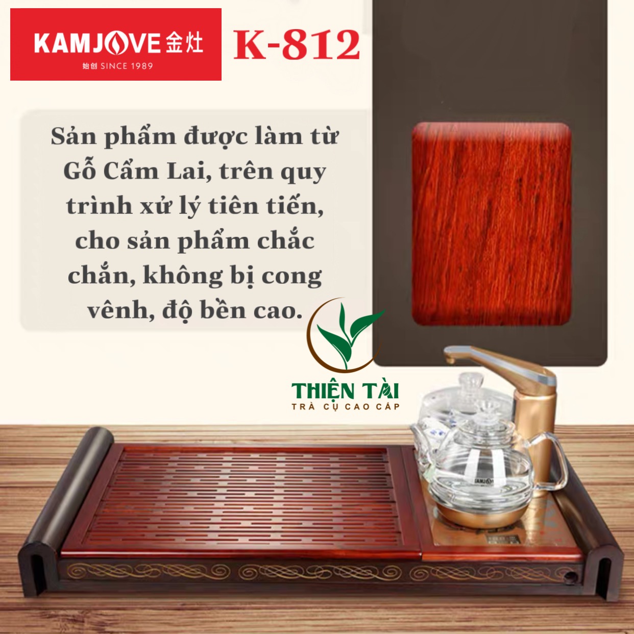 Bộ Bàn Trà Ấm Điện Chính Hãng Kamjove K-812 (Gỗ Cẩm Lai)