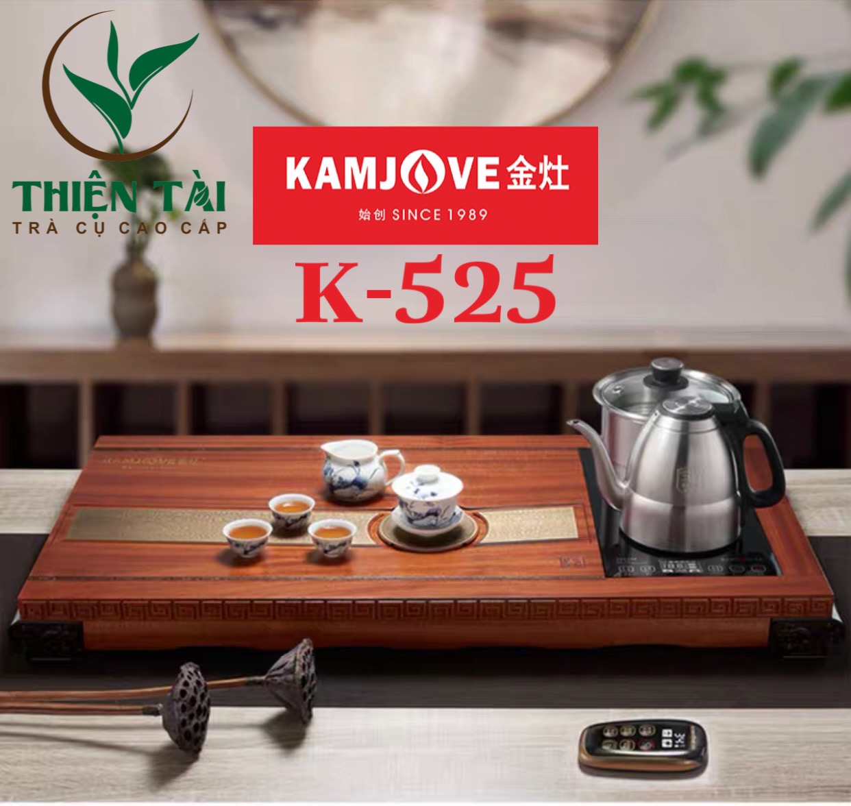 Bộ Bàn Trà Ấm Điện Chính Hãng Kamjove K-525 (Gỗ Cẩm Lai)