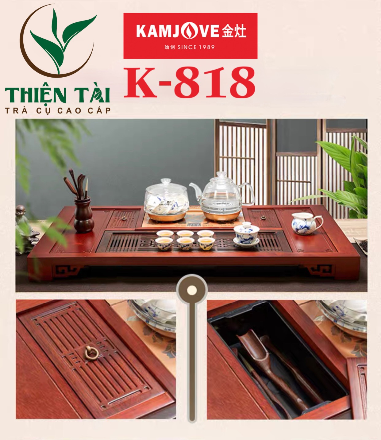Bộ Bàn Trà Ấm Điện Chính Hãng Kamjove K-818 (Gỗ Cẩm Lai)