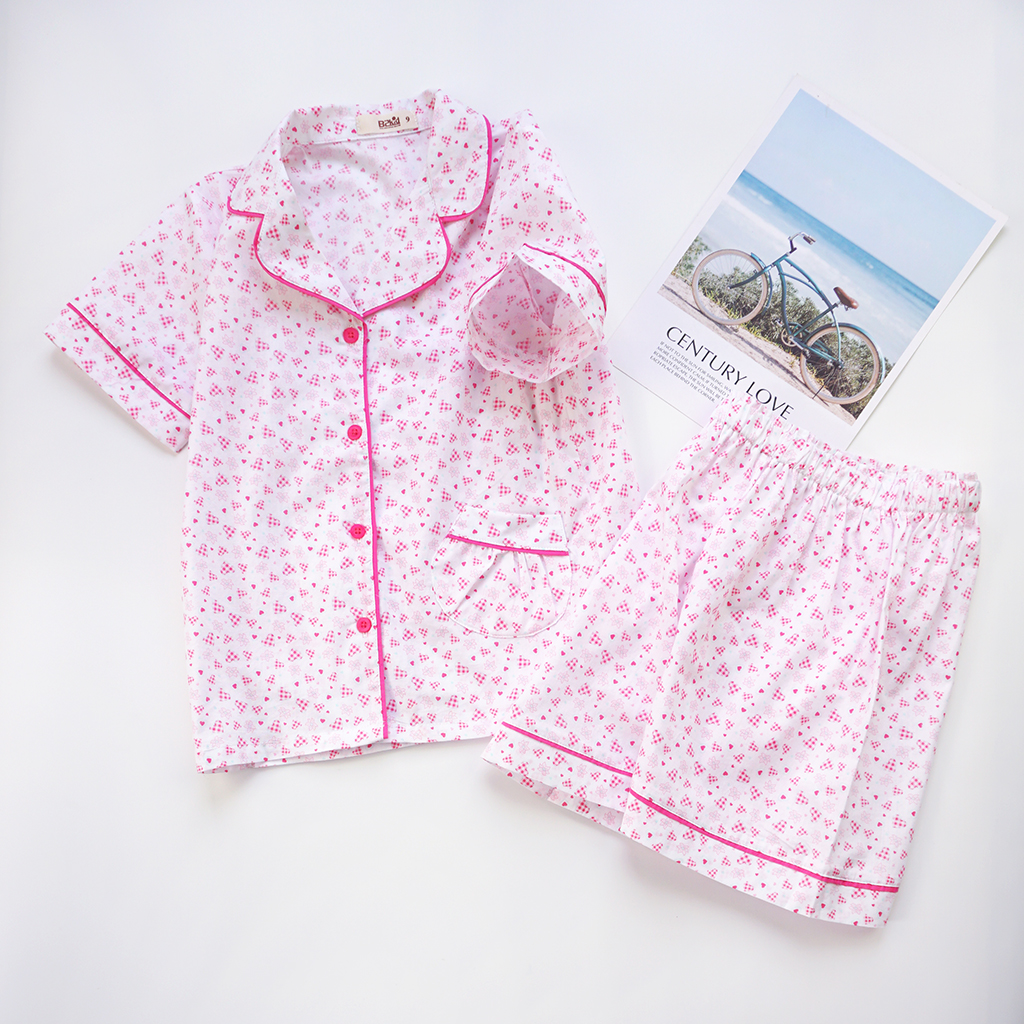 Pijama ngắn mẹ và bé gái P-TN012 - Tim caro hồng