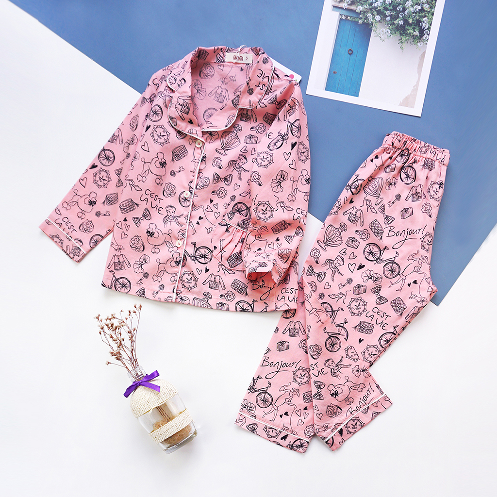 Pijama dài bé gái P-TD002 - Hồng họa tiết