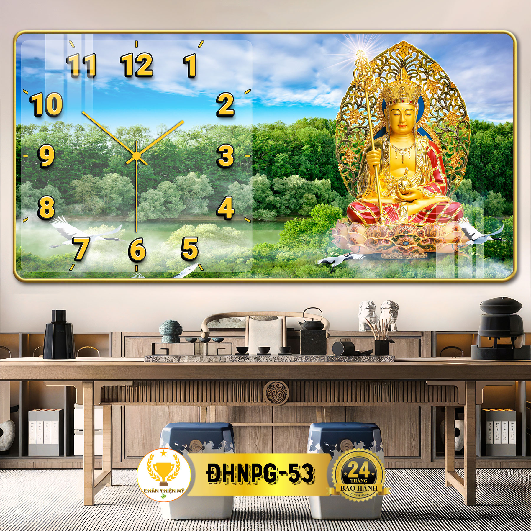Đồng Hồ Treo Tường Trang Trí Phòng Địa Tạng Vương Bồ Tát CHÂN THIỆN MỸ, Quà Tặng Tân Gia, Kim Trôi Cao Cấp CĐHNPG-07