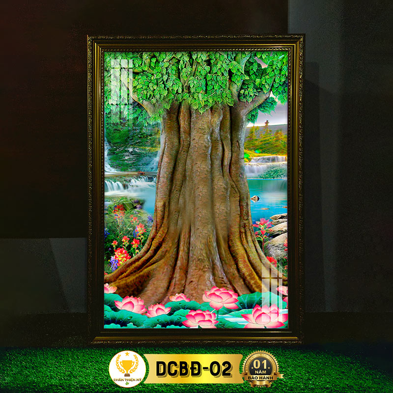 Tranh Bồ Đề Có Đèn CHÂN THIỆN MỸ, Treo Tường Trang Trí Bàn Thờ Cùng Tượng Phật DCBĐ-02