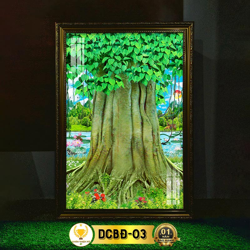 Tranh Phật Treo Tường Hình Cây Bồ Đề Có Đèn CHÂN THIỆN MỸ, Trang Trí Bàn Thờ, Treo Phòng Thờ DCBĐ-03