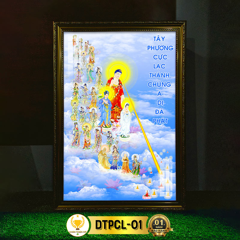 Tranh Tây Phương Cực Lạc Có Đèn CHÂN THIỆN MỸ, Treo Tường Trang Trí Bàn Thờ Phật, Treo Phòng Thờ DTPCL-01
