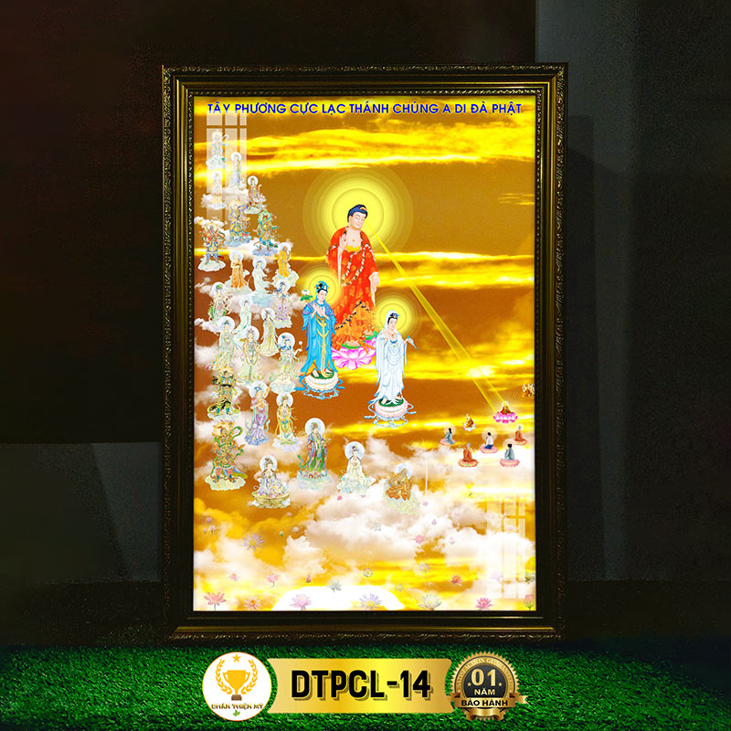 Tranh Thờ Tây Phương Cực Lạc Có Đèn CHÂN THIỆN MỸ, Trang Trí Bàn Thờ Treo Tường Cùng Tượng Phật DTPCL-14