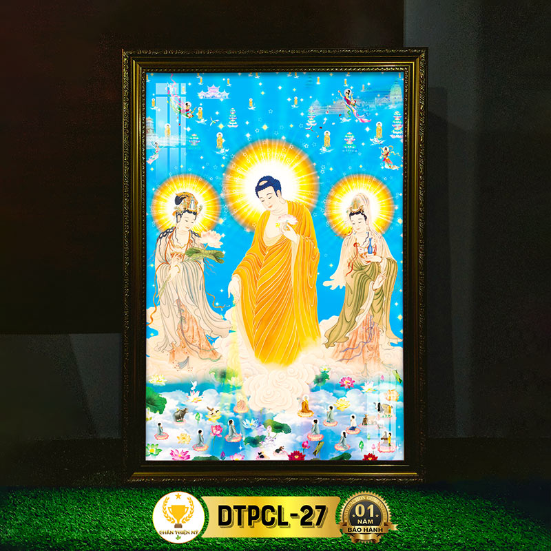 Tranh Thờ Tây Phương Cực Lạc Có Đèn CHÂN THIỆN MỸ, Trang Trí Bàn Thờ Treo Tường Cùng Tượng Phật DTPCL-27