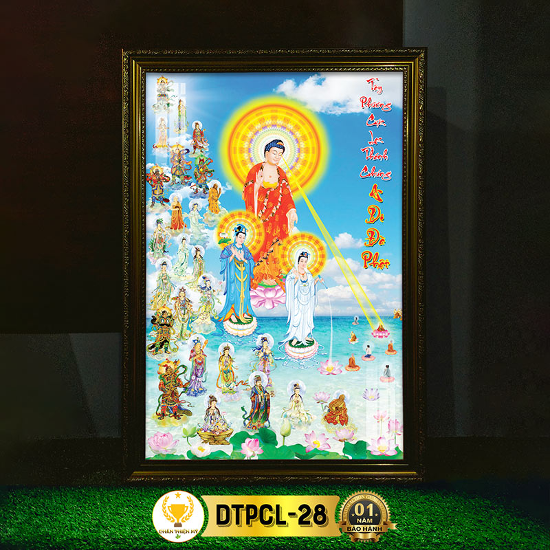 Tranh Thờ Tây Phương Cực Lạc Có Đèn CHÂN THIỆN MỸ, Trang Trí Bàn Thờ Treo Tường Cùng Tượng Phật DTPCL-28