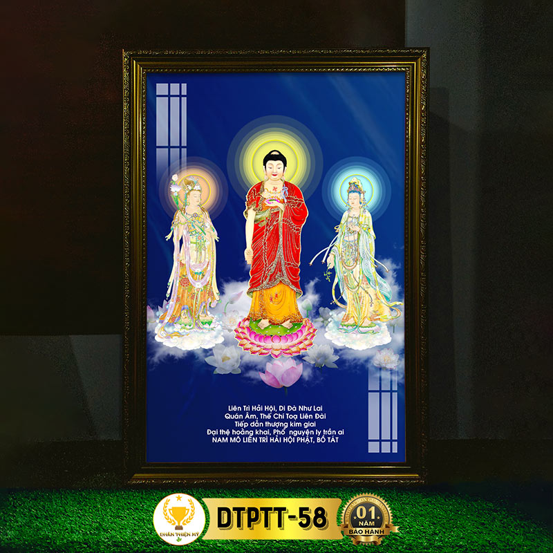 Tranh Thờ Tam Thánh Phật Có Đèn CHÂN THIỆN MỸ, Trang Trí Bàn Thờ Treo Tường Cùng Tượng Phật DTPTT-58