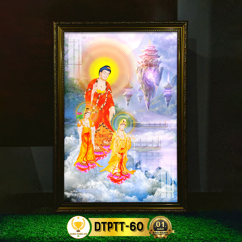 Tranh Treo Phòng Thờ Ta Bà Tam Thánh Có Đèn CHÂN THIỆN MỸ, Treo Tường Trang Trí Bàn Thờ Phật DTPTT-60