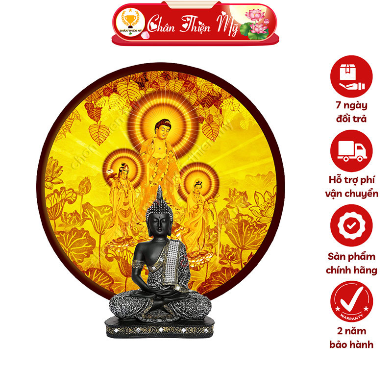 Đèn Hào Quang Tây Phương Tam Thánh In Tranh Trúc Chỉ CHÂN THIỆN MỸ, Trang Trí Bàn Thờ Cùng Tượng Phật TC-HQ-166