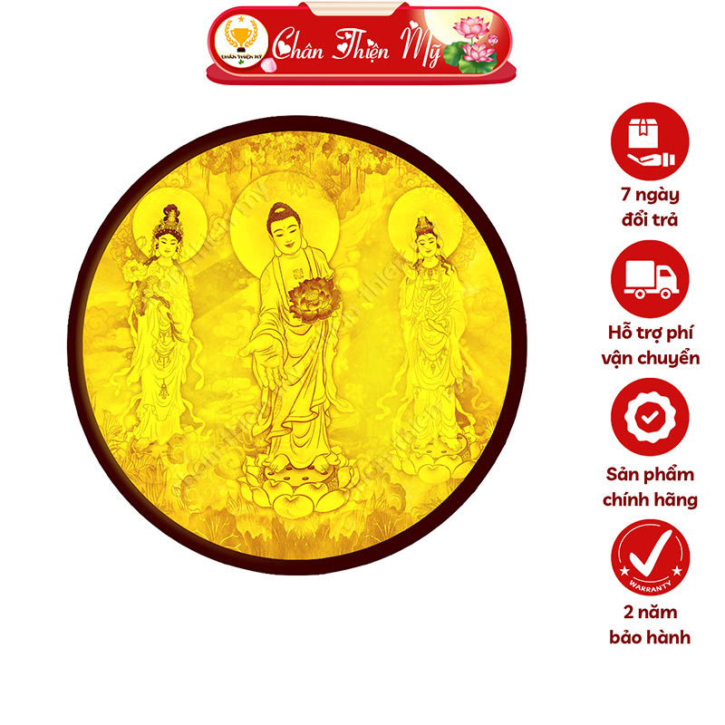 Đèn Hào Quang Tây Phương Tam Thánh In Tranh Trúc Chỉ CHÂN THIỆN MỸ, Trang Trí Bàn Thờ Cùng Tượng Phật TC-HQ-211