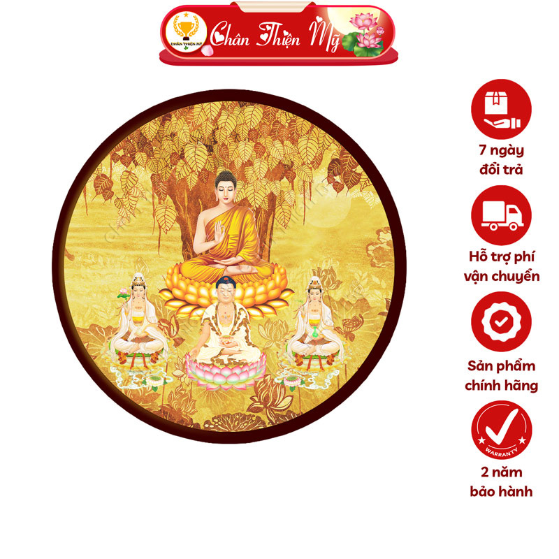 Đèn Hào Quang Tây Phương Tam Thánh In Tranh Trúc Chỉ CHÂN THIỆN MỸ, Trang Trí Bàn Thờ Cùng Tượng Phật TC-HQ-216