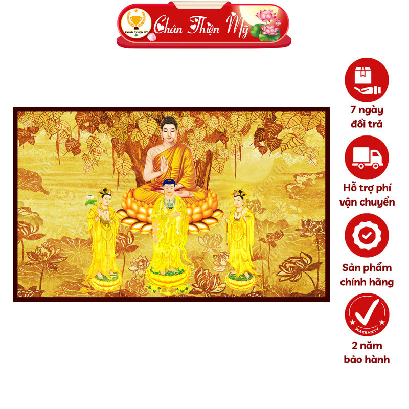Hào Quang Phật Tây Phương Tam Thánh In Tranh Trúc Chỉ Ngang CHÂN THIỆN MỸ, Trang Trí Bàn Thờ, Treo Phòng Thờ TC-TN-101