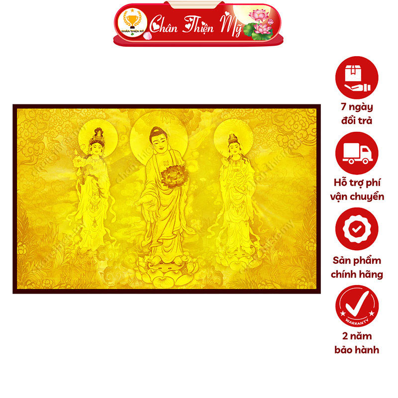 Hào Quang Phật Tây Phương Tam Thánh In Tranh Trúc Chỉ Ngang CHÂN THIỆN MỸ, Trang Trí Bàn Thờ, Treo Phòng Thờ TC-TN-103