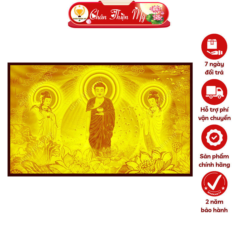 Hào Quang Phật Tây Phương Tam Thánh In Tranh Trúc Chỉ Ngang CHÂN THIỆN MỸ, Trang Trí Bàn Thờ, Treo Phòng Thờ TC-TN-104