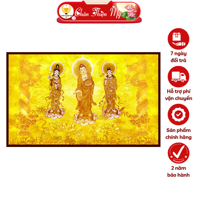 Hào Quang Phật Tây Phương Tam Thánh In Tranh Trúc Chỉ Ngang CHÂN THIỆN MỸ, Trang Trí Bàn Thờ, Treo Phòng Thờ TC-TN-108