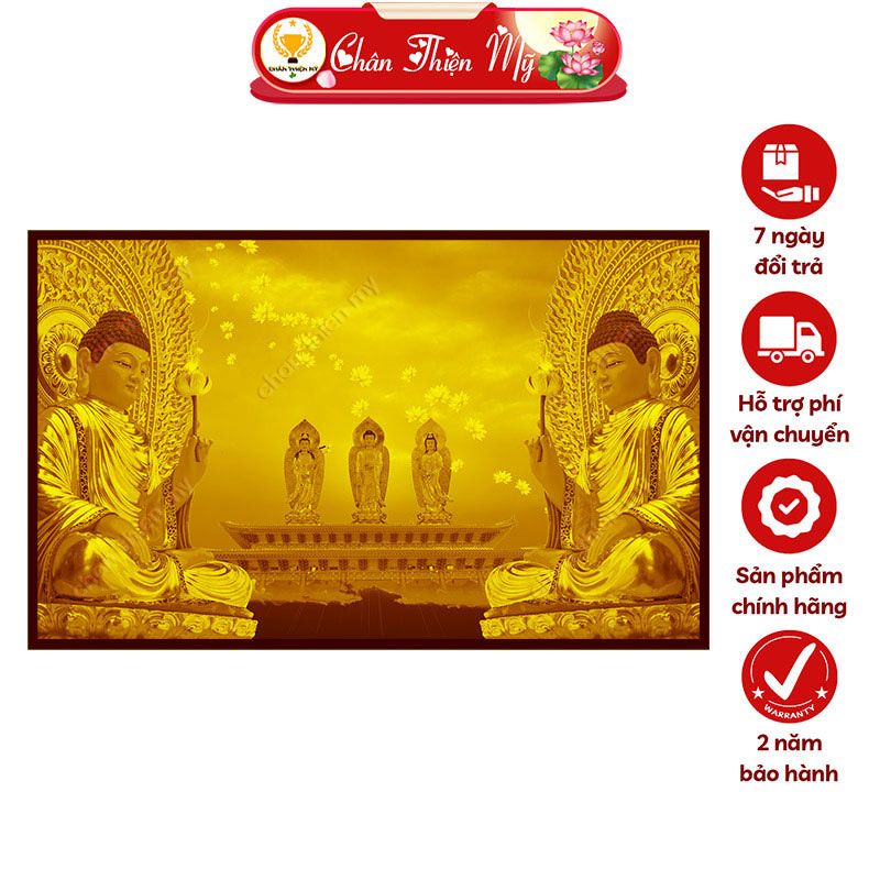 Hào Quang Phật Tây Phương Tam Thánh In Tranh Trúc Chỉ Ngang CHÂN THIỆN MỸ, Trang Trí Bàn Thờ, Treo Phòng Thờ TC-TN-110