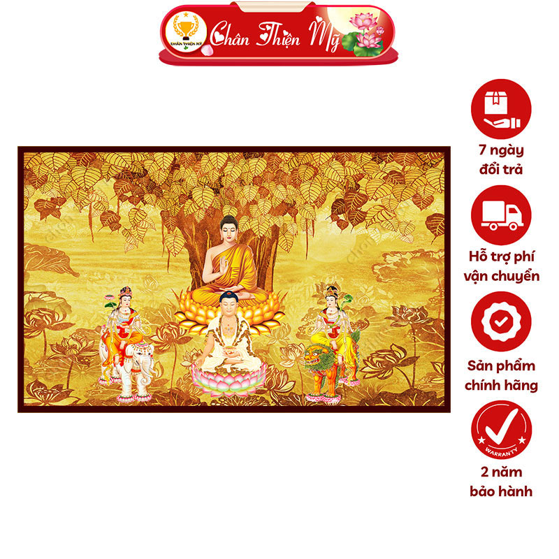 Hào Quang Phật Tây Phương Tam Thánh In Tranh Trúc Chỉ Ngang CHÂN THIỆN MỸ, Trang Trí Bàn Thờ, Treo Phòng Thờ TC-TN-111