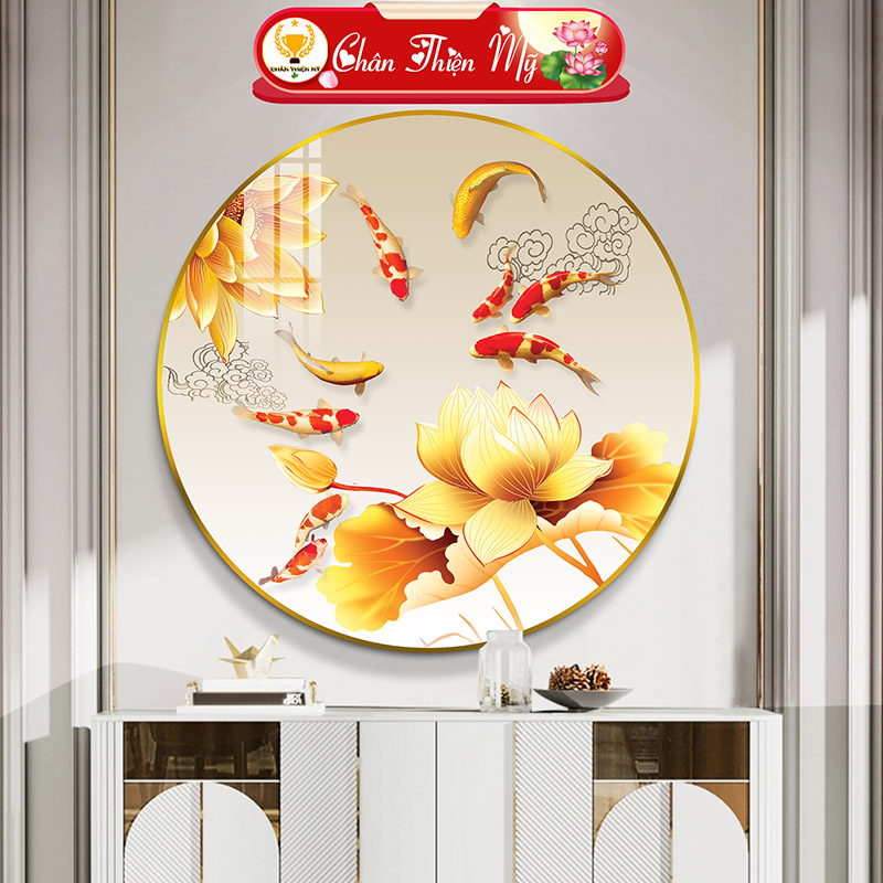 Tranh Tráng Gương Pha Lê Tròn CHÂN THIỆN MỸ, Tranh Decor Treo Tường Trang Trí Phòng Hoa Sen Cửu Ngư Quần Hội TG-T1-234