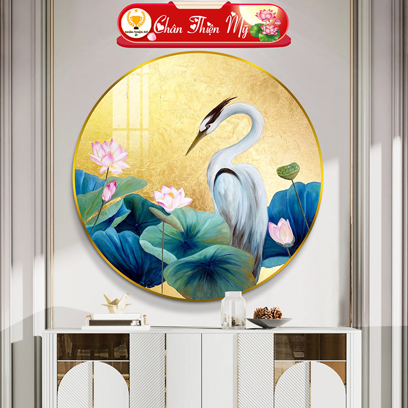 Tranh Tráng Gương Pha Lê Tròn CHÂN THIỆN MỸ, Tranh Decor Treo Tường Trang Trí Phòng Hoa Sen TG-T1-238