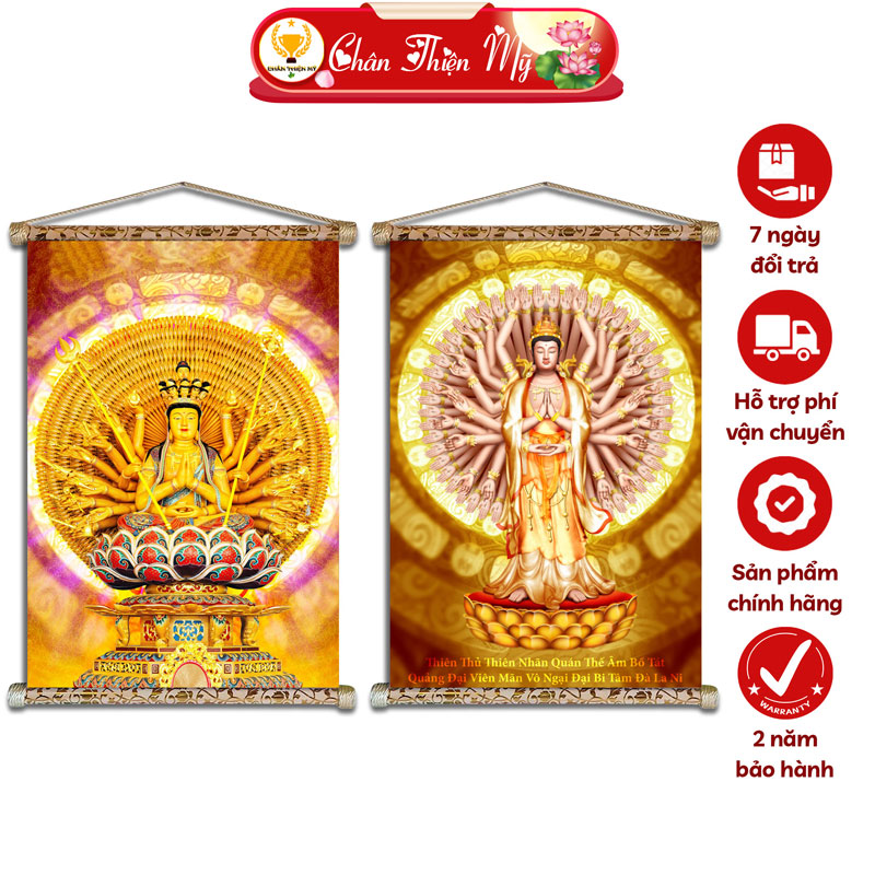 Tranh Phật CHÂN THIỆN MỸ, Tranh Treo Tường Canvas Phủ Kim Sa 40x60cm, Tranh Thiên Thủ Thiên Nhãn Bồ Tát CTTTNBT-01