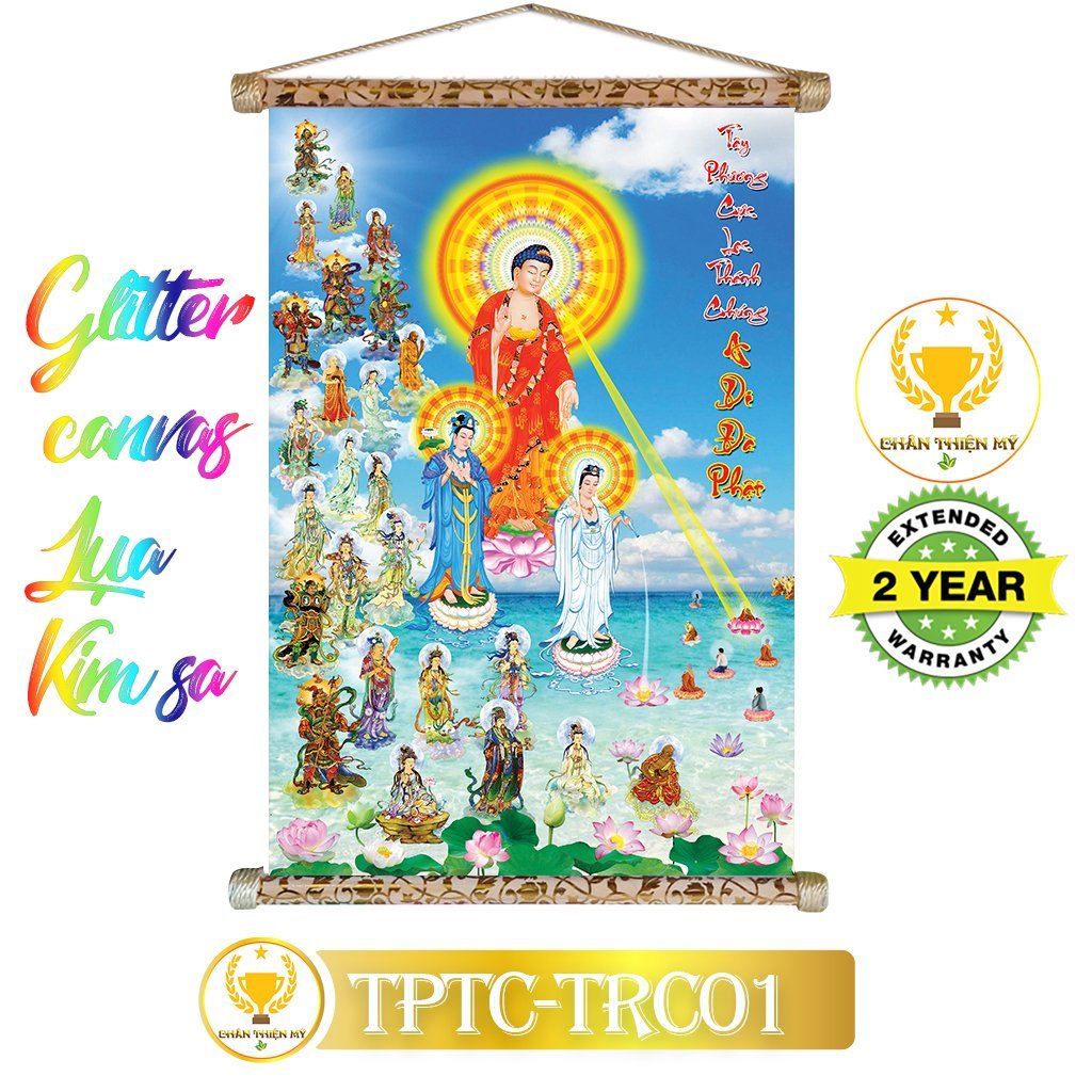 Tranh lụa kim sa khung gỗ Tây phương Thánh chúng