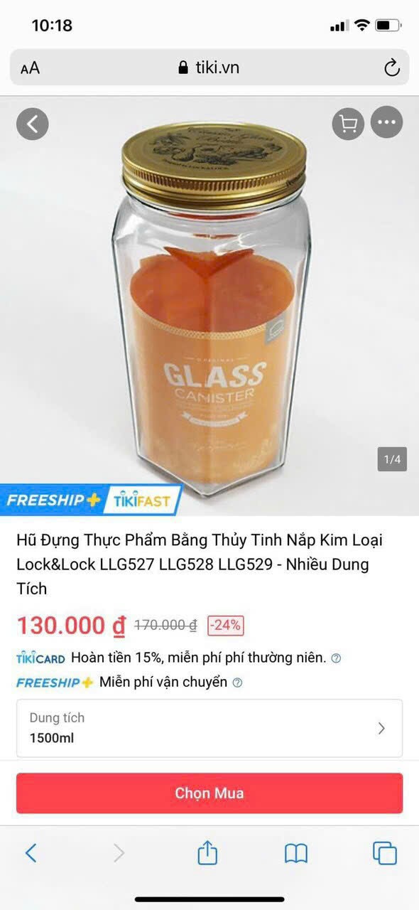 Hũ Đựng Thực Phẩm Bằng Thủy Tinh Lock&Lock Glass canister with Tin cap 1.2lit