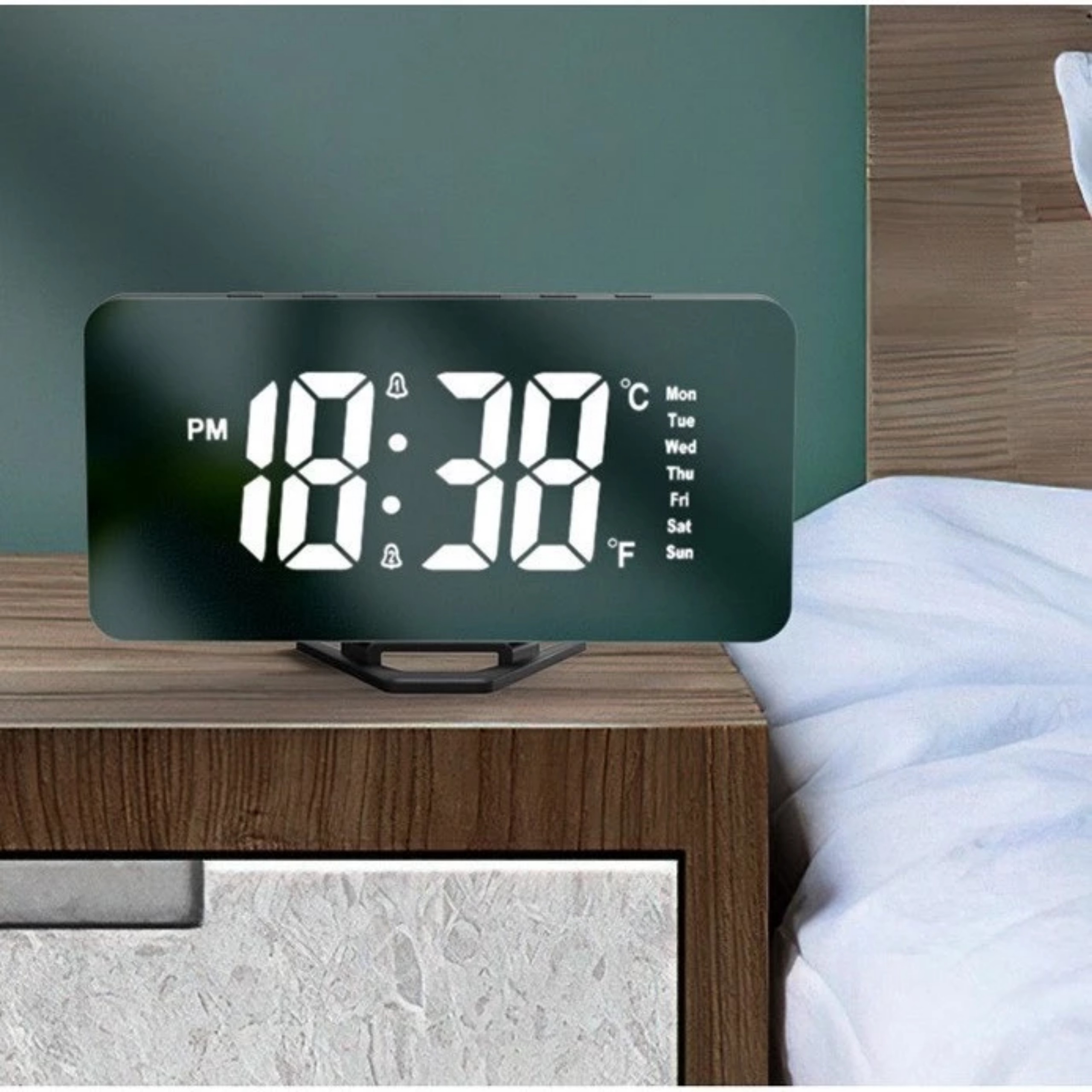 ĐỒNG HỒ ĐIỆN TỬ ĐÈN LED ĐỂ BÀN TRÁNG GƯƠNG ĐO NHIỆT ĐỘ THỜI TIẾT BÁO THỨC