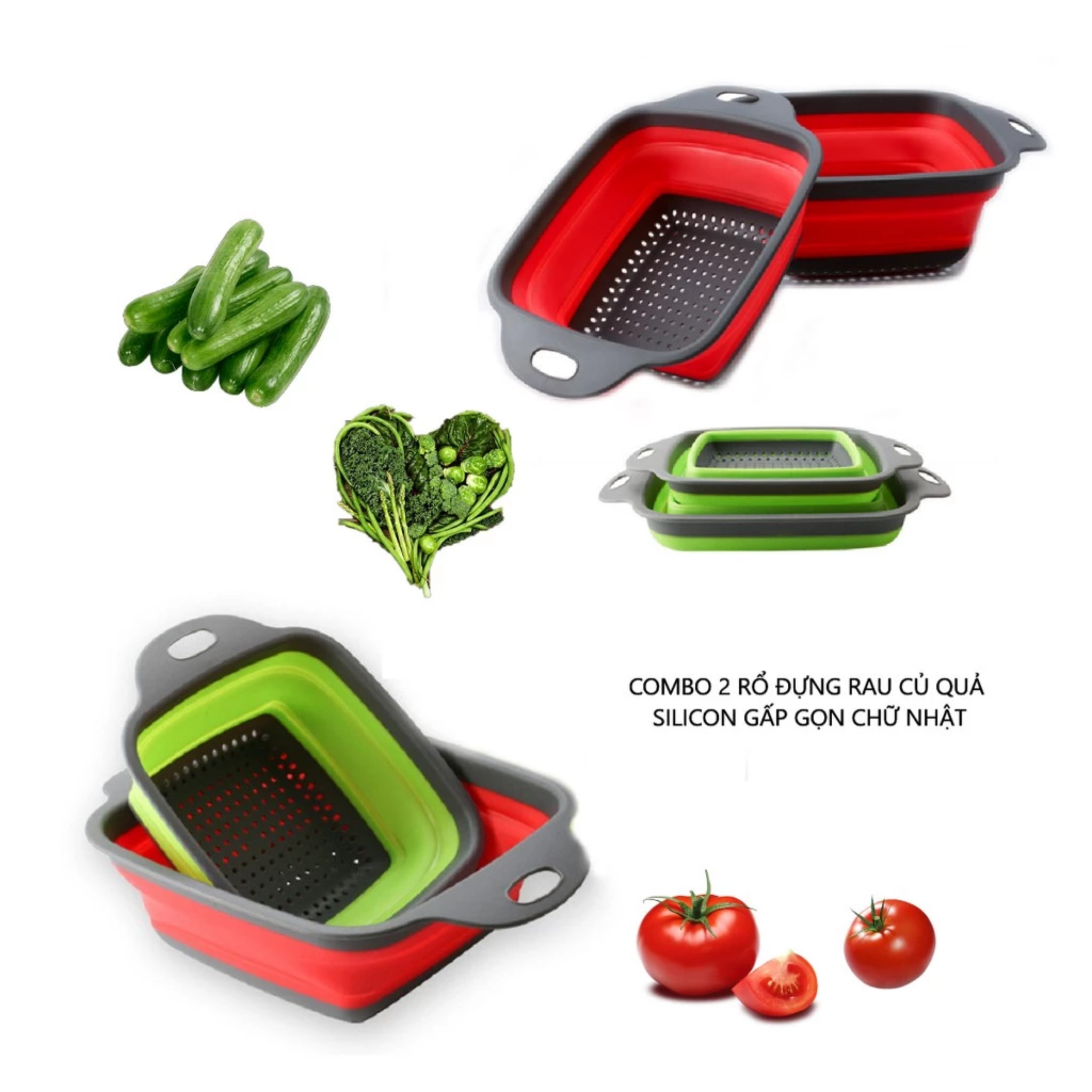 COMBO 2 RỔ ĐỰNG RAU CỦ QUẢ SILICON GẤP GỌN HÌNH CHỮ NHẬT