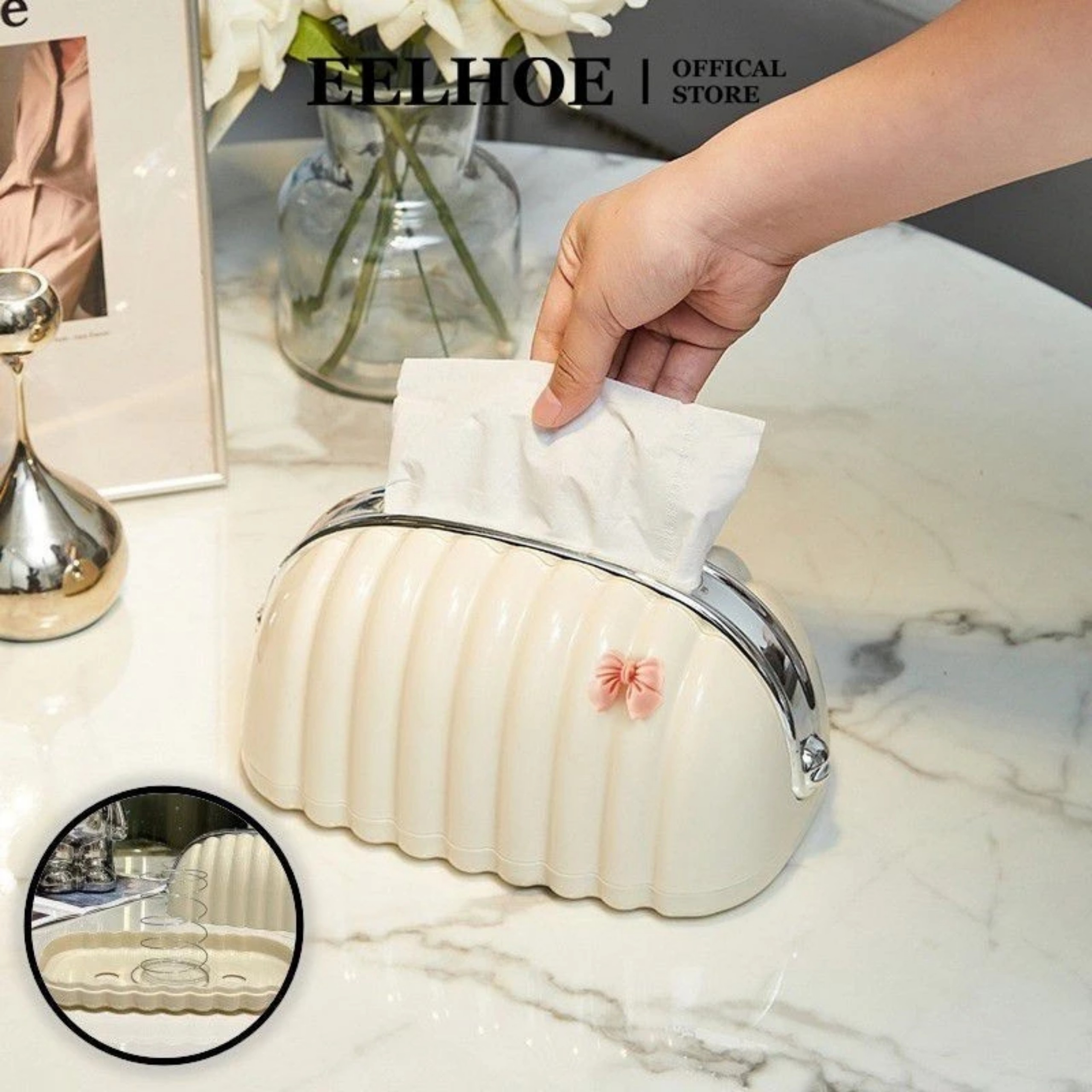 HỘP ĐỰNG KHĂN GIẤY DẠNG TÚI XÁCH KÈM NƠ