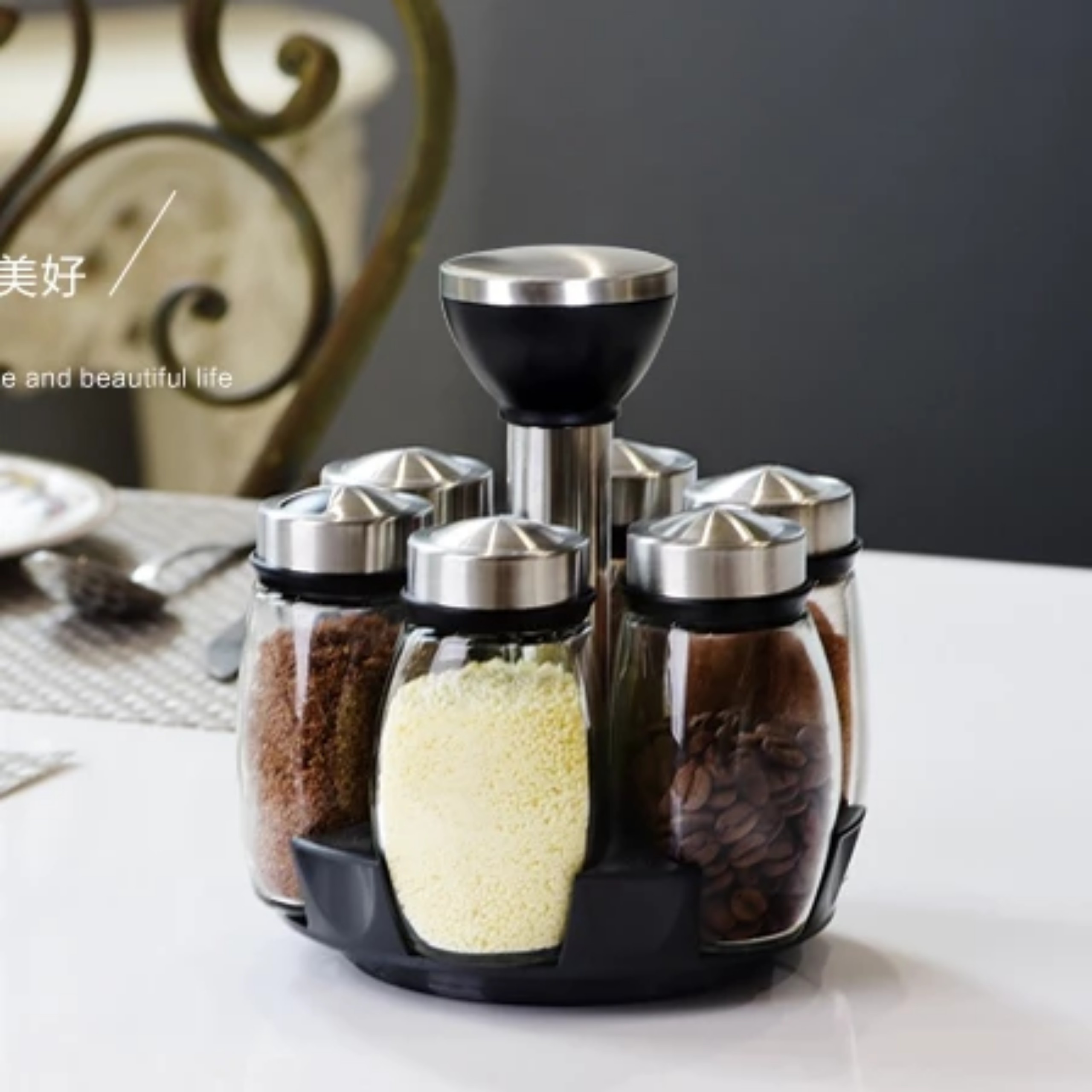 BỘ 6 HŨ ĐỰNG GIA VỊ THỦY TINH CHỐNG VỠ KÈM ĐẾ XOAY