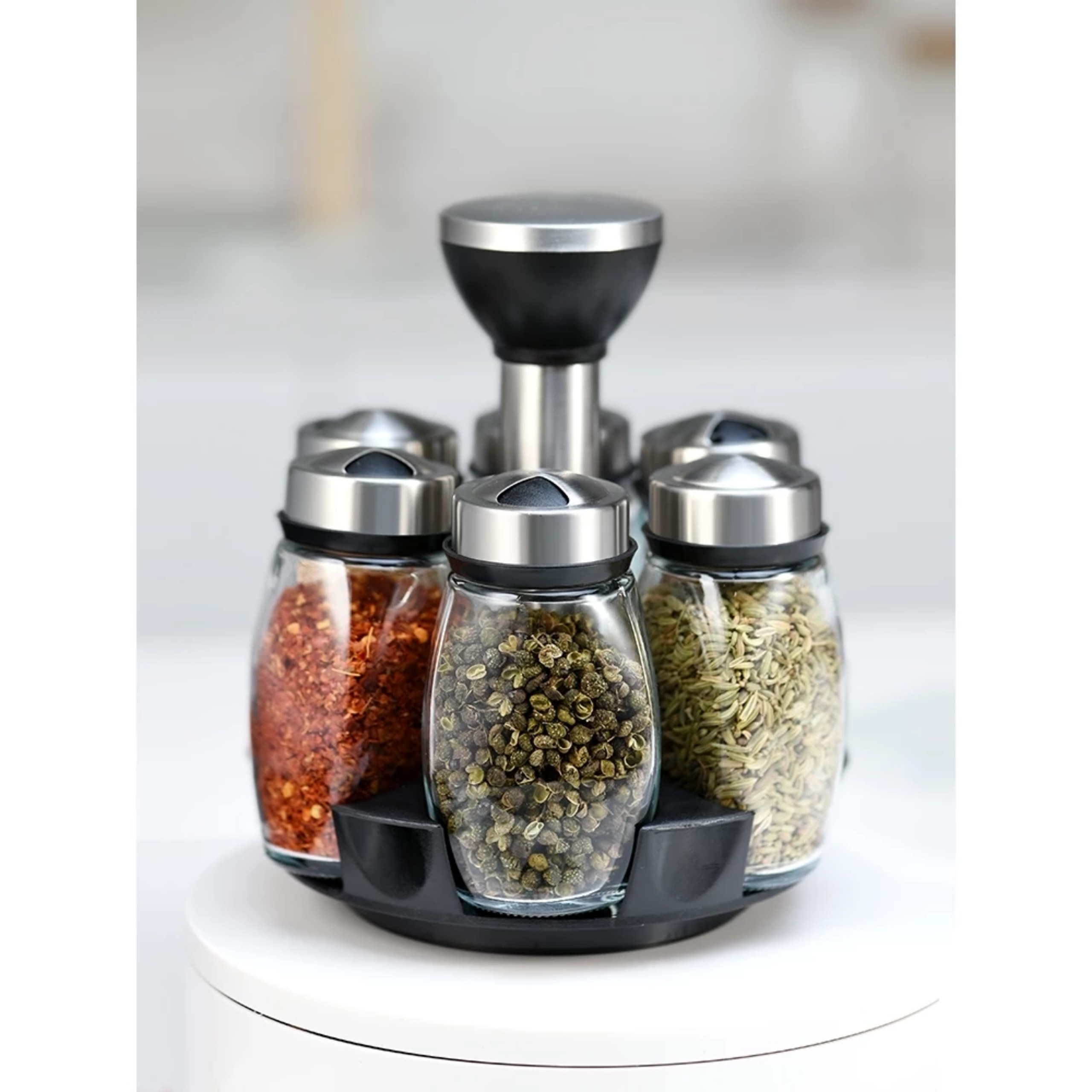 BỘ 6 HŨ ĐỰNG GIA VỊ THỦY TINH CHỐNG VỠ KÈM ĐẾ XOAY