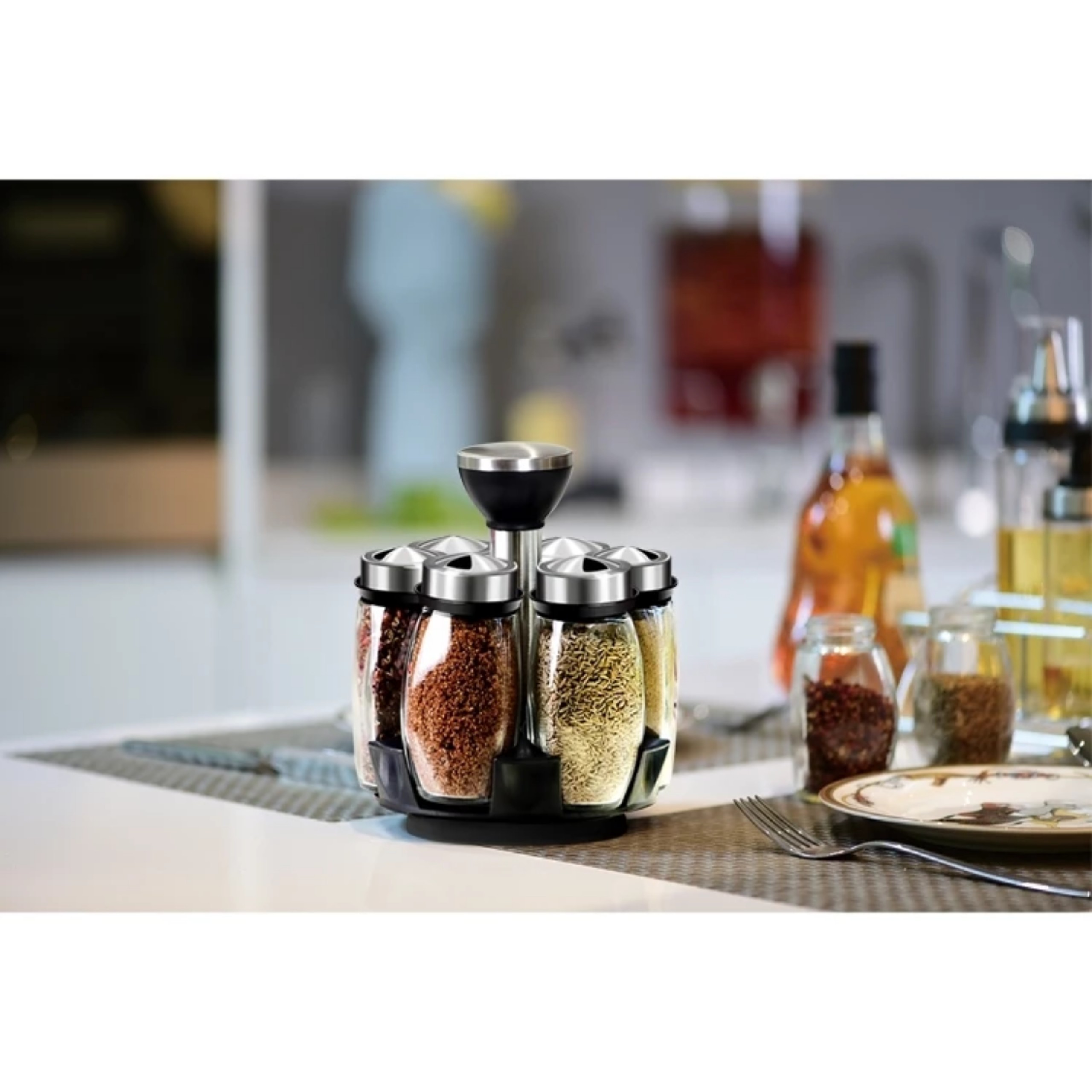 BỘ 6 HŨ ĐỰNG GIA VỊ THỦY TINH CHỐNG VỠ KÈM ĐẾ XOAY