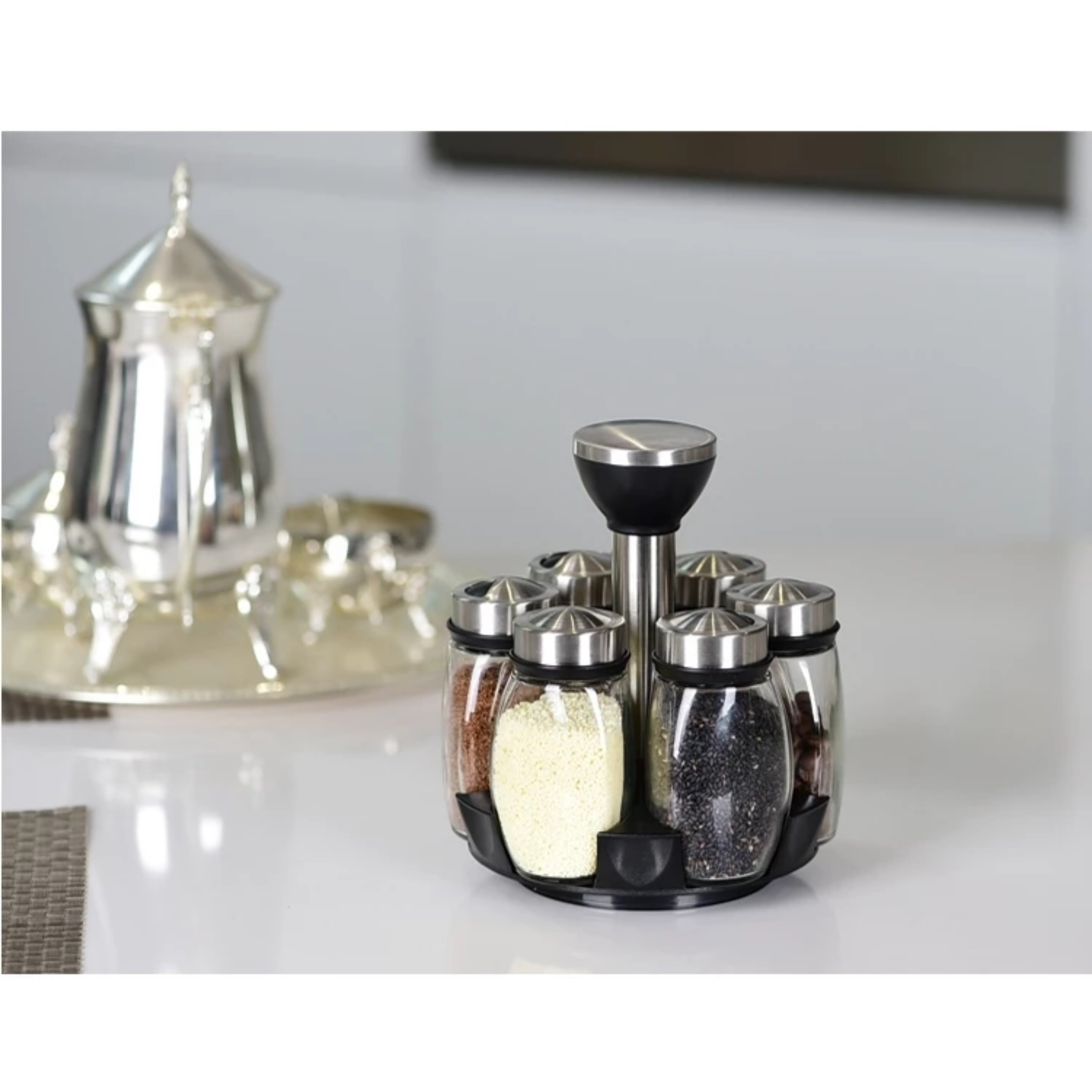 BỘ 6 HŨ ĐỰNG GIA VỊ THỦY TINH CHỐNG VỠ KÈM ĐẾ XOAY