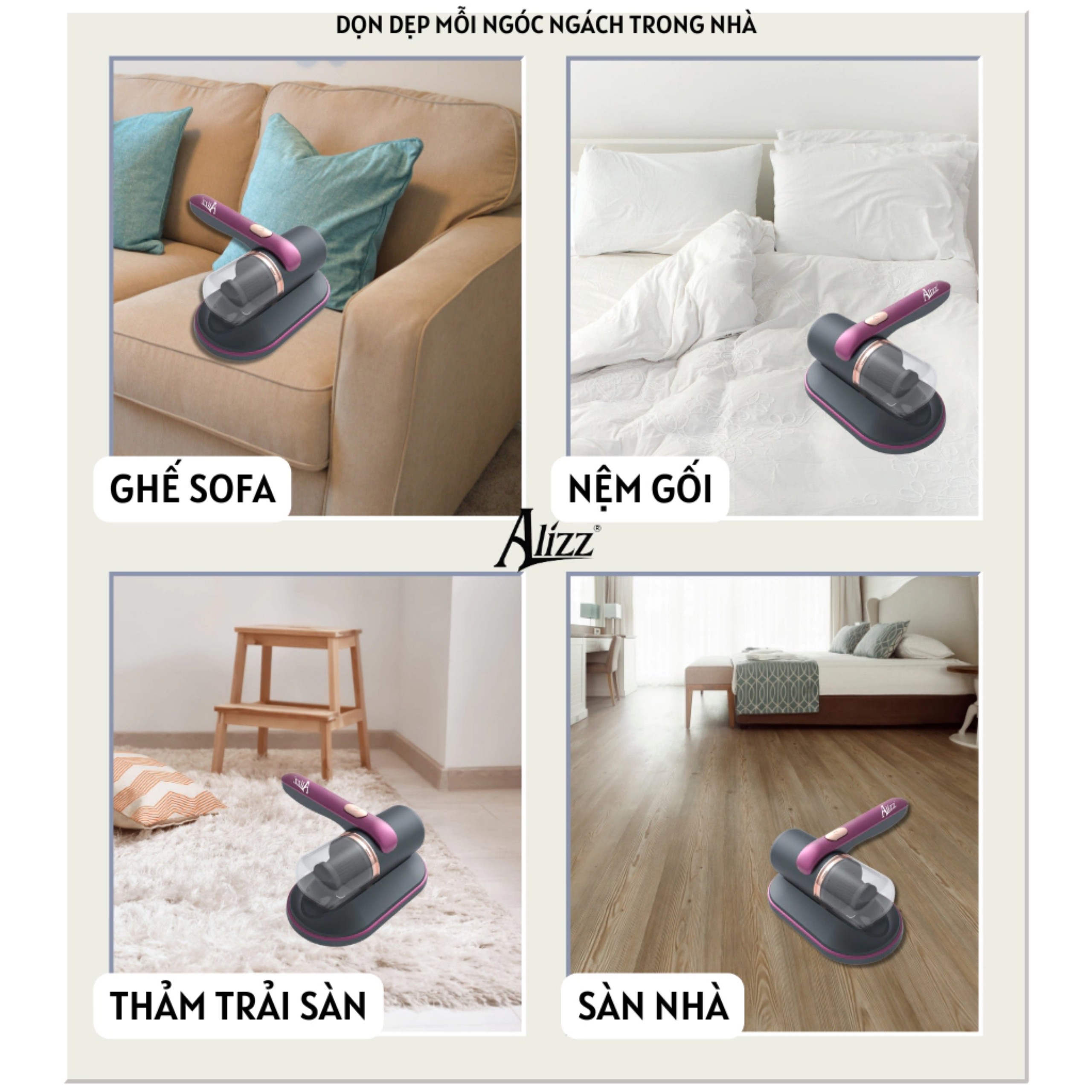 MÁY HÚT BỤI GIƯỜNG CẦM TAY ALIZZ 68W SẠC PIN CÓ TIA UV KHỬ KHUẨN